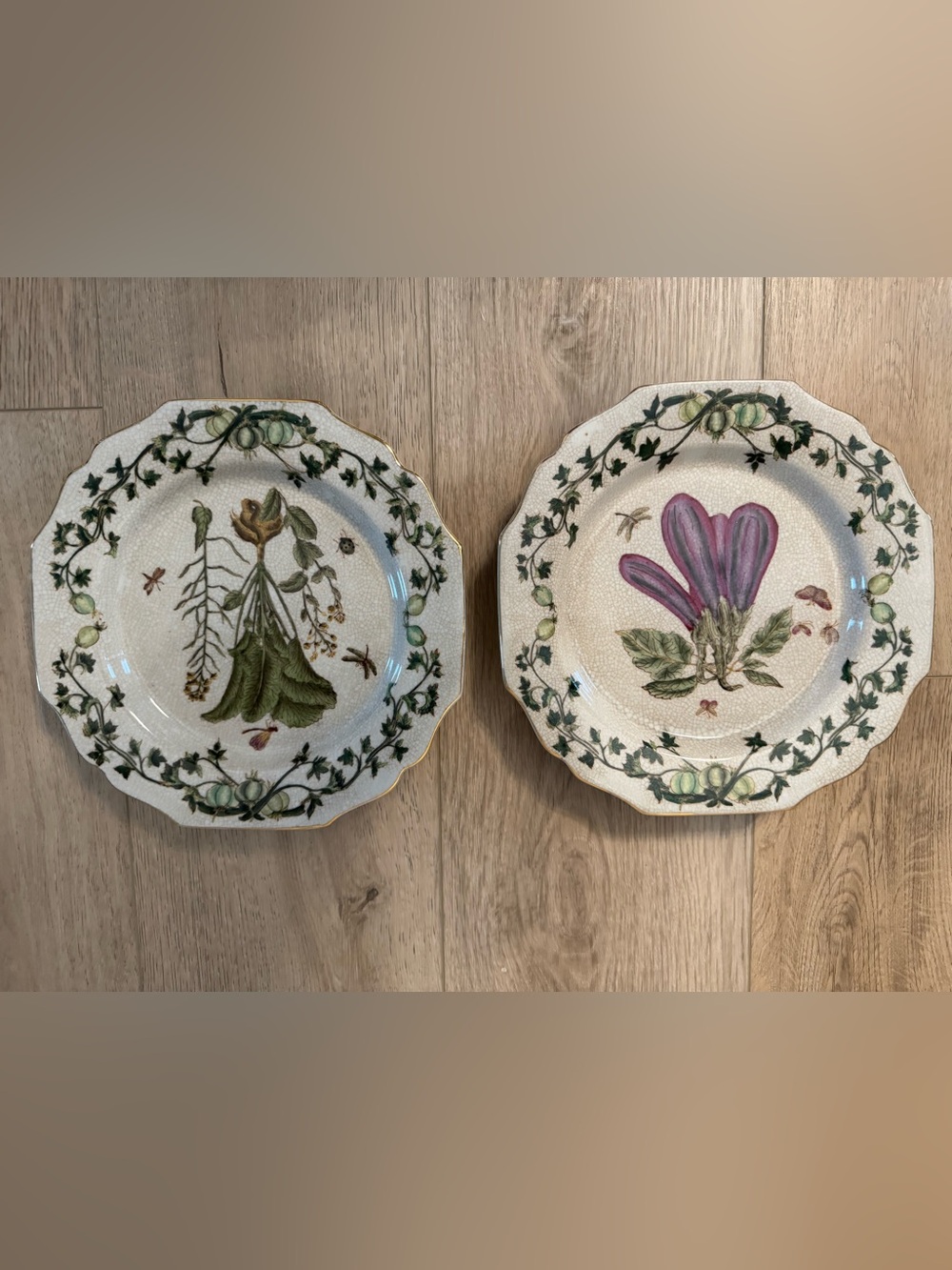 Pair of Wong Lee Hand Painted Plates Crackle Finish Eggplant Rooted Plants